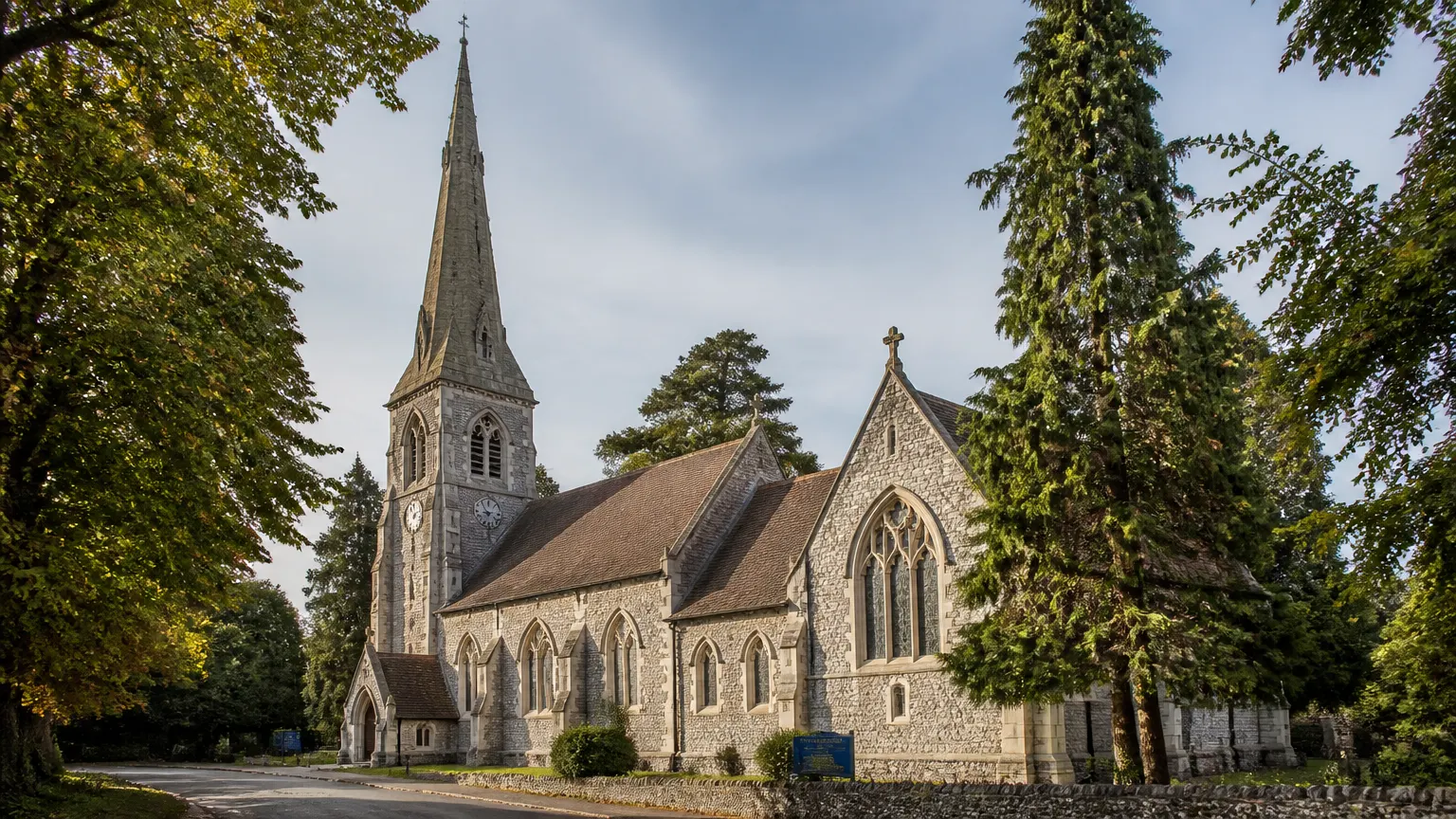 St George's Church Bickley — Gothic Revival stone church with tall spire framed by mature trees